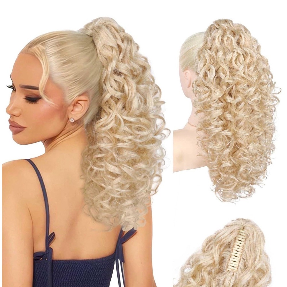 Flufymooz 18 Inch Curly Claw Clip Ponytail Extension Lite White Blonde Hairpiece